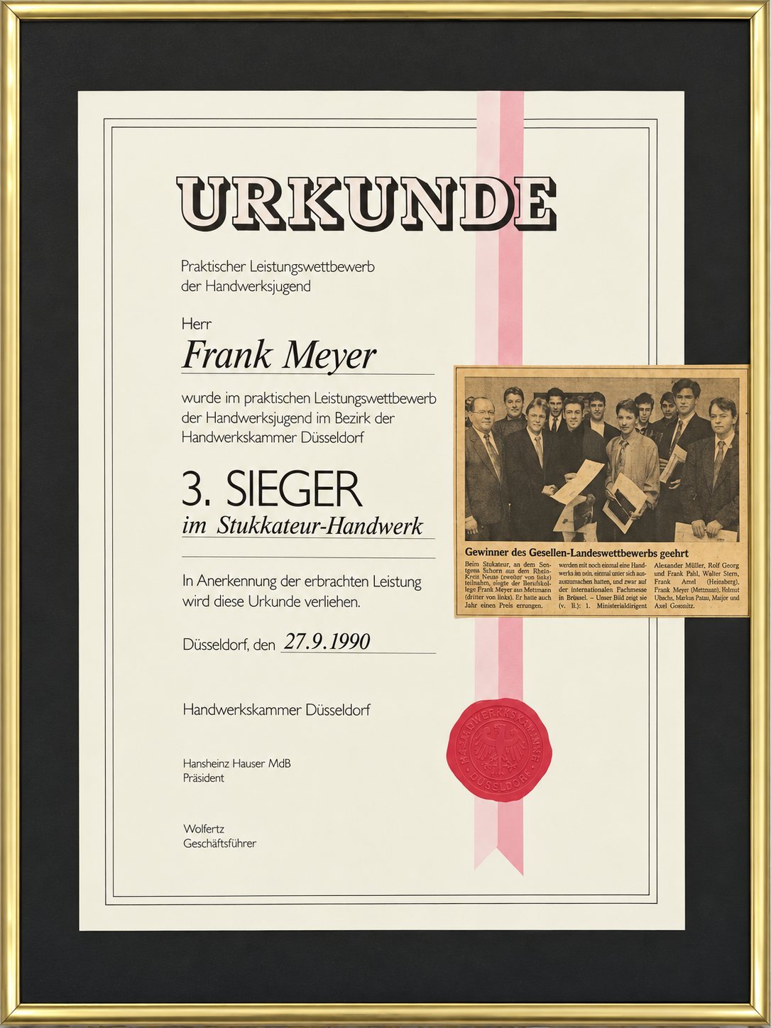 Gerahmte Urkunde der Handwerkskammer Düsseldorf: Frank Meyer, 3. Sieger im Leistungswettbewerb der Handwerksjugend im Stukkateur-Handwerk, 27.9.1990